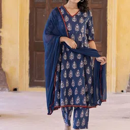 BAESD Ethnic Motifs Printed Regular Pure Cotton Anarkali Kurta with Trousers & Dupatta-11
