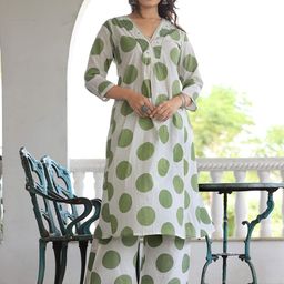 QBO FASHION Polka Dots Printed V Neck A Line Kurta with Trousers-image-105