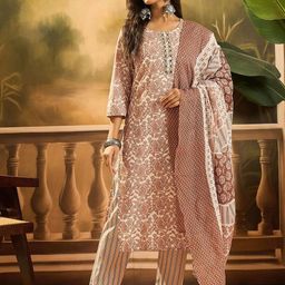 Stylum Floral Printed Gotta Patti Screen Round Neck Pure Cotton Kurta Trousers & Dupatta-49