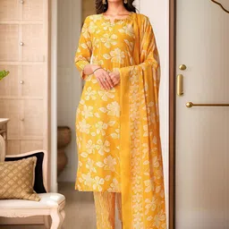 Banwaree Printed Notch Neck Sequinned Pure Cotton Straight Kurta With Trousers & Dupatta-picture-40