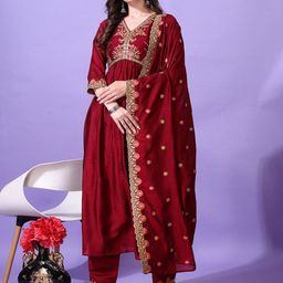 KALINI Floral Yoke Design V-Neck Thread Work Anarkali Kurta With Palazzos And Dupatta-28