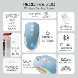 Archer Tech Lab Recurve 700 Wireless Gaming Mouse RGB light, dual Bluetooth/2.4GHz, 4 DPI, USB-C Wireless Ambidextrous OpticalGaming Mousewith Bluetooth image 2