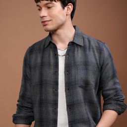 HIGHLANDER Men Slim Fit Spread Collar Checked Cotton Casual Shirt-picture-10