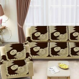 SAWNA HOMES Brown & Beige 6 Pieces Floral Printed 5 Seater Velvet Sofa Covers-image-75