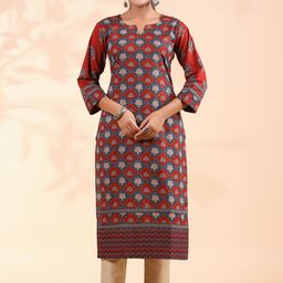 KALINI Floral Printed Notch Neck Sequinned Cotton Straight Kurta-picture-15