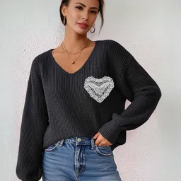 Mast & Harbour Women V-Neck Long Sleeves Pullover with Applique Detail-picture-0