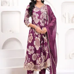 UNISETS Women Floral Printed Angrakha Thread Work Kurta with Pyjamas & With Dupatta-picture-10