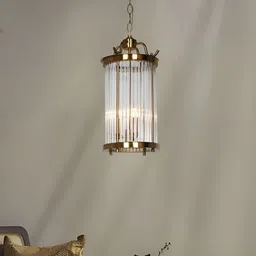 Fos Lighting Gold-Toned Textured Rod Cylinderical Pendant Glass Ceiling Lamp-3