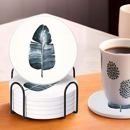 Ekhasa White & Grey 6 Pieces Printed Diatomite Coasters With Steel Holder-1