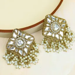 Rukhmani Gold Plated American Diamond Studded Square Shaped Drop Earrings-image-51