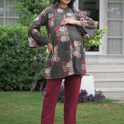 Aujjessa Print Mandarin Collar Bell Sleeve Cotton Top-image-33