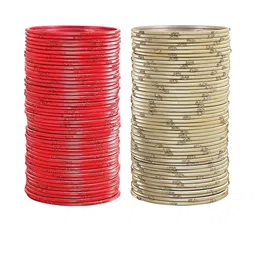 Guddan Set of 96 Red & Beige Metal Bangles-image-52