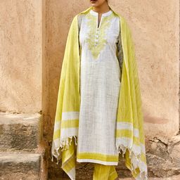 WOMEN PLUS Women Woven Design Embroidered Cotton Kurta with Trousers & Dupatta-image-43
