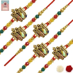 MEIRA JEWELLERY Set Of 5 Designer Beaded Rakhis With Assorted Greeting Card & Roli Chawal-28