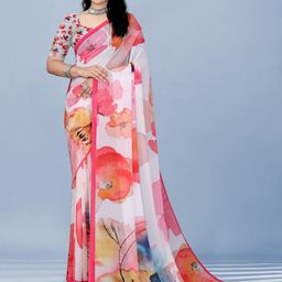 P D Silk Mills Women Floral Printed Pure Georgette Saree-image-79