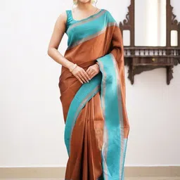 VASTRAHUT Checked Woven Design Border Zari Banarasi Saree With Blouse Piece-picture-24