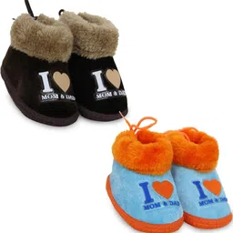 NESKA MODA 6 To 12 Months Set Of 2 Velvet I Love Mom and Dad Print Lace Baby Booties-image-55