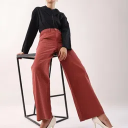 RAREISM Women Cherry Red Polyester Plain Wide Leg Jeans-image-21