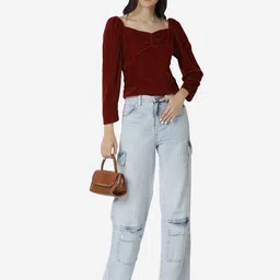 D 'VESH Women Puff Sleeve Velvet Regular Top-image-57
