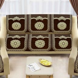 SAWNA HOMES Brown & Cream 6 Pieces Floral Printed 5 Seater Velvet Sofa Covers-image-84