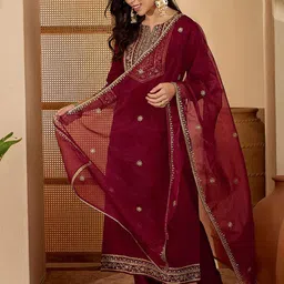 Sangria Zari Sequence Embroidered Kurta With Trousers & Dupatta-picture-34