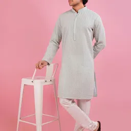 azania Men Embroidered Thread Work Georgette Pathani Kurta-picture-11