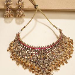 KARATCART Gold-Plated Stones Studded & Beaded Laxmi & Peacock Choker Temple Jewellery Set-image-90
