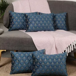 Feather Design Blue Color Rectangle Velvet Cushion Covers Set of 5-11