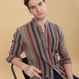 HERE&NOW Men Mandarin Collar Vertical Striped Cotton Slim Fit Casual Shirt-picture-43