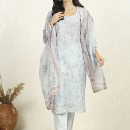 Biba Floral Printed Thread Work Unstitched Dress Material-image-4
