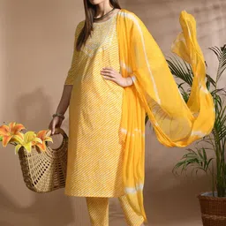 Angkor Women Leheriya Printed Regular Thread Work Pure Cotton Kurta with Trousers & With Dupatta-picture-12