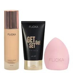 FLiCKA 3Pcs Makeup Combo - Flawless Femme Foundation + Get Set Go Primer & Beauty Blender-48