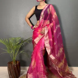 FLOURIOUS Tie and Dye Zari Organza Saree-image-86