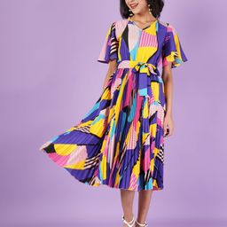 OTABU Women Abstract Print Flared Sleeves Midi A-Line Dress-picture-3