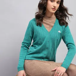 Monte Carlo Women Self Design Open Knit V-Neck Long Sleeves Cardigan-image-50