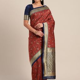 Mitera Maroon & Navy Blue Silk Blend Woven Design Kanjeevaram Saree-picture-31