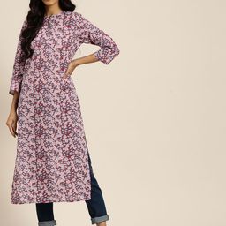 Sangria Women Magenta & Purple Floral Printed Cotton Keyhole Neck Kurta-12