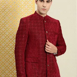 House of Pataudi Men Mandarin Collar Velvet Sequined Bandhgala Jashn Blazer-image-67