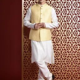 MANQ Solid Kurta & Churidar With Woven Design Nehru Jacket-picture-2