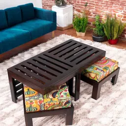 Ikiriya Brown Sheesham Wooden Rectangle Coffee Table and Stool With Cushion-image-24