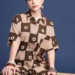 Taavi Pure Cotton Block Print Legacy Shirt Style Kurti With Trousers-18