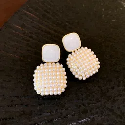 COOLWOOL Gold-Plated Cube Pearls Beaded Korean Square Drop Earrings-37