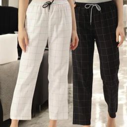 Kryptic Black & White Cotton Relaxed Fit Printed Lounge Pants - Pack of 2-image-86