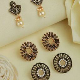 Priyaasi Floral Black & Golden Stud & Drop Earrings - Set of 3-image-65