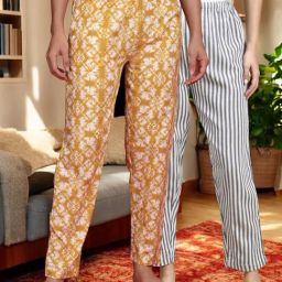 Kryptic Mustard & Blue Cotton Relaxed Fit Printed Lounge Pants - Pack of 2-image-97