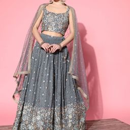 Chhabra 555 Grey & Silver-Toned Embroidered Sequinned Made to Measure Lehenga & Blouse With Dupatta-16