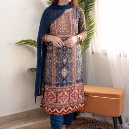 GoSriKi Ethnic Motifs Printed Round Neck Straight Kurta With Trouser & Dupatta-24