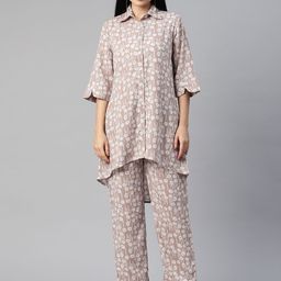 Cottinfab Women Floral Printed High Low Shirt with Trousers-image-28