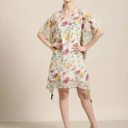 Qurvii Beige Floral Print Kaftan Dress-image-83