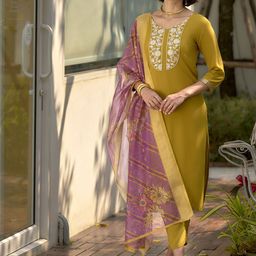 DEVATITHI Floral Yoke Design Round Neck Thread Work Straight Kurta With Trousers & Dupatta-image-28